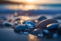 image portrays stones that glisten with a gentle, almost otherworldly light in a beach front