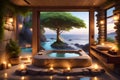 image portrays a tranquil scene of a stone bathroom balcony with a classic bathtub