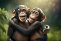 Two Happy Chimpanzees Hugging Each Other in a Blurred Nature Background - Generative AI Royalty Free Stock Photo