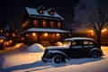 Vintage architecture of old buildings on a tranquil snowy winter night