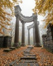 Autumn Ruins Archway in Park - Stone Columns, Fallen Leaves & Misty Forest Landscape Photography Royalty Free Stock Photo