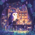 Owl Reading in a Mysterious Library