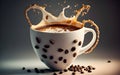 A white cup overflowing with coffee beans and liquid, creating an energetic swirl of coffee in motion. Royalty Free Stock Photo