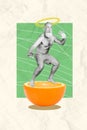 Image poster collage of funky crazy guy balancing on half part juicy orange fruit isolated on drawing element background