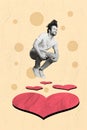 Image poster collage of happy joyful man falling love jumping down red heart figure isolated on drawing beige color