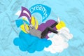 Image poster collage picture of funky crazy man flying dreams clouds isolated on blue painted background