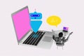 Image poster trend collage of questioned schoolboy sit back desk laptop mark bubble artificial intelligence prompt robot Royalty Free Stock Photo