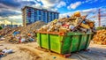 Construction Waste Overflows Dumpster A Visual Representation of Unmanaged Site Debris and the Need for Effective Waste Royalty Free Stock Photo