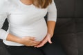 Image of pregnant woman touching her belly with hands Royalty Free Stock Photo