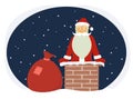 Cartoon funny santa claus on the roof with gifts