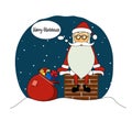 Cartoon funny santa claus on the roof with gifts