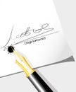 Ink feather leaves the signature on the document Royalty Free Stock Photo