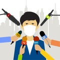 Reporters interview a man in a protective mask vector illustration