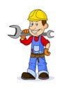 Ridiculous caricature the cheerful worker with the tool in hands