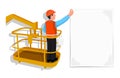 Worker standing in an assembly cradle glues a paper banner. Royalty Free Stock Photo