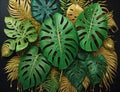 Image presenting a floral arrangement of tropical green leaves from Monstera, fern, and Eucalyptus plants, enhanced with gold