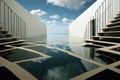 abstract surreal reflected floor and concrete walls. blue sky with white clouds. maze, glossy floor.