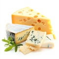 Artisanal Cheese Platter with Blue-Green Crackers on White Background Royalty Free Stock Photo