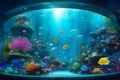 image showcases an aquarium filled with fantasy future holographic fish
