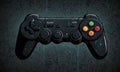 black gaming controller with four buttons and directional pads is displayed against dark blue background.