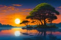 a sunset over a body of water very beautiful forest of acacia trees generated by ai Royalty Free Stock Photo