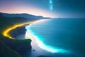 Flashing lights at the beach with mountain cliffs at twlight generative ai Royalty Free Stock Photo