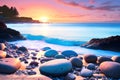 A bright pebble beach with blue tone bright sunset with rocks waves Royalty Free Stock Photo