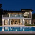 Scene of a Luxirious mansion with calm pool at night-time Royalty Free Stock Photo