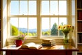 Large window with open books and flowers on the table generated by ai