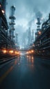 Cinematic Industrial Refinery at Night with Rain Reflections and Dramatic Atmospheric Smoke Royalty Free Stock Photo
