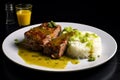 meat with gravy and rice on white plate