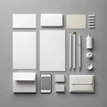 Overhead view of a clean and organized stationery branding mock-up on a gray background office supplies Royalty Free Stock Photo