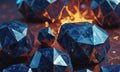 close-up view collection dark blue, triangular-shaped crystals, with fiery orange glow in the background.