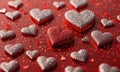 3D red background with silver glitter hearts scattered across it, creating festive and celebratory atmosphere. Royalty Free Stock Photo