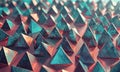 3D complex arrangement triangular shapes in shades blue, red, and orange, creating visually striking and