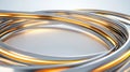 A complex, abstract design of overlapping metallic tubes in shades of silver and gold.
