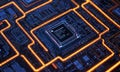 close-up view complex circuit board, featuring central CPU and intricate orange and blue lines, with blurred
