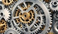 close-up view complex mechanical system, featuring central gear with gold-colored hub and silver-colored