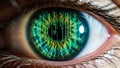 A close-up of a human eye with a digital green iris and code Royalty Free Stock Photo