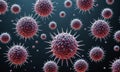 3D red and white spherical particles with sharp points, scattered across dark background.