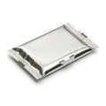 A close-up view of a sleek metallic object with woven edges on a white background Royalty Free Stock Photo