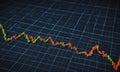 close-up view stock market graph displays downward trend, with red and orange line indicating decline in Royalty Free Stock Photo