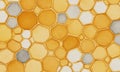 close-up view textured surface with repeating pattern yellow and white hexagonal shapes, creating Royalty Free Stock Photo