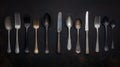 A collection of antique silverware arranged in a row. Royalty Free Stock Photo