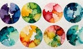 grid six circular watercolor paintings, each with unique color and pattern, arranged in two rows three. Royalty Free Stock Photo