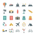 Vector art of collection of travel icons, showcasing various transportation, landmarks, and vacation elements in a colorful and Royalty Free Stock Photo