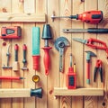 Collection of Assorted Hand Tools and Measuring Devices Arranged on a Wooden Plank Surface Royalty Free Stock Photo