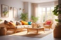 image presents a cozy living room, adorned with wicker furniture in lively, vibrant colors