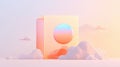 A 3D rendering of a light yellow cube with a gradient circle in the center, surrounded by stylized clouds. Royalty Free Stock Photo