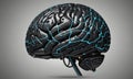 3D human brain, rendered in black with blue lines, is depicted in side view against gray background. Royalty Free Stock Photo